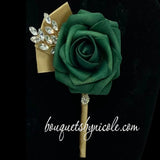 Cascade Emerald green & Ivory Real touch Roses l Brooch Bridal Bouquet RT009