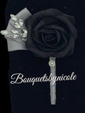 Silver Black ~ Customized Boutonniere l Lapel Pin l Real Touch Roses l Prom l Men's Formal l BOUT- 003