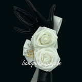 White Silver Round Bouquet l  Satin Roses Brooch Bouquet~ BOU-003