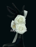 02RT - Real Touch Foam Roses Brooch Bouquet White Royal Blue