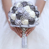 White Silver Round Bouquet l  Satin Roses Brooch Bouquet~ BOU-003