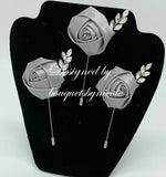 White Silver Round Bouquet l  Satin Roses Brooch Bouquet~ BOU-003