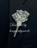 White Silver Round Bouquet l  Satin Roses Brooch Bouquet~ BOU-003