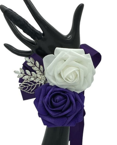 Dark Purple White ~ Customized Wrist Corsage l Real Touch Roses l Prom l Formal l Mothers l Grandmothers COR-005