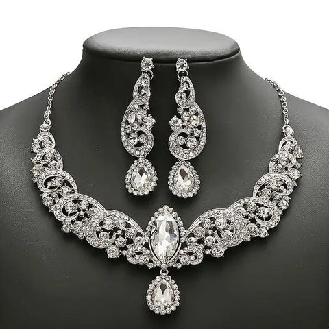 4pcs Jewelry Set l Silver Rhinestone Earrings l Necklace l Bracelet l Prom l Wedding JS-951