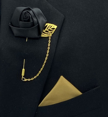 Gold Black Mens Formal wear Boutonniere, Lapel Leaf Pin, Satin Rose l Groom Boutonniere l Wedding BOUT- 911