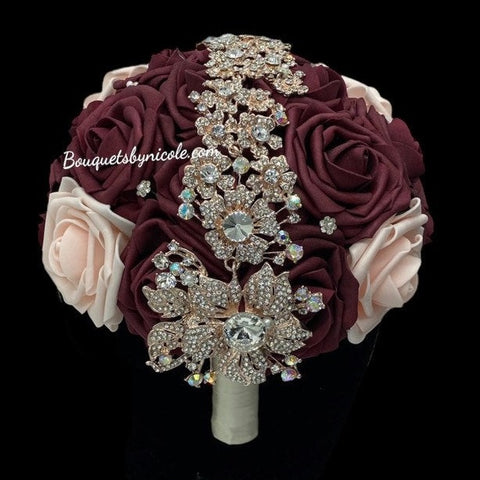 Burgundy Blush Cascade Bouquet l Waterfall bouquet l  Real Touch Roses Brooch Bouquet BOU-28