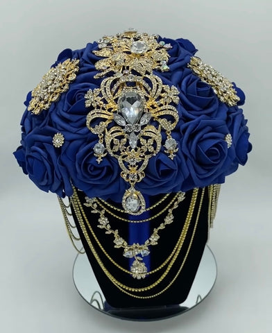 Royal Blue Round Bouquet l  Real Touch Roses Brooch Bouquet~ BOU-500