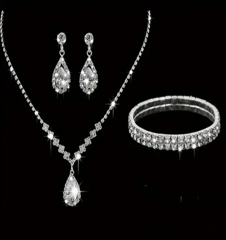 3pcs SILVER~GOLD Jewelry Set l Rhinestone Earrings l Necklace l Bracelet l Prom l Wedding JS-001