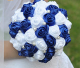 Royal Blue l White Round Bouquet l  Satin Roses Brooch Bouquet~ BOU-007