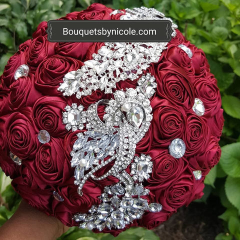 Dark Red l Wine Round Bouquet l  Satin Roses Brooch Bouquet~ BOU-024