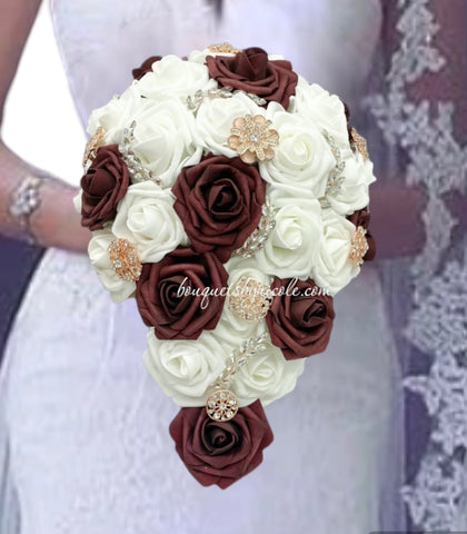 Burgundy White Cascade Bouquet l Waterfall bouquet l  Real Touch Roses Brooch Bouquet CB-012