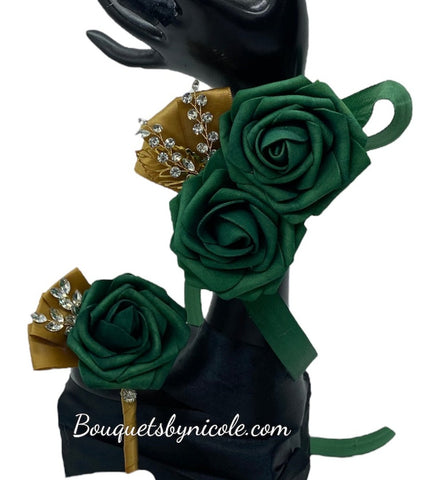 Dark Green Gold ~ Customized Wrist Corsage l Real Touch Roses l Prom l Formal l Mothers l Grandmothers COR-006