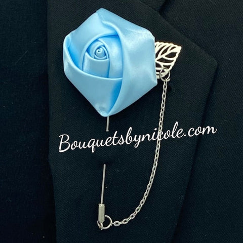 Light Blue Mens Formal wear Boutonniere, Lapel Leaf Pin, Satin Rose Lapel Pin l Groom Boutonniere l Wedding BOUT- 031