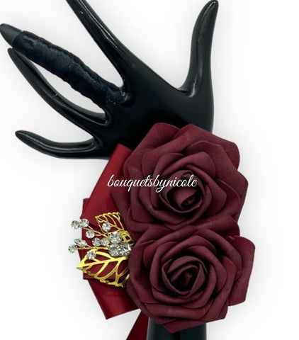 Burgundy ~ Customized Wrist Corsage l Real Touch Roses l Prom l Formal l Mothers l Grandmothers COR-007