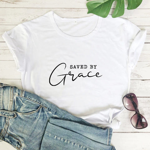 Christian Inspiration Graphic Cotton T-Shirts ~ Saved by Grace