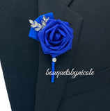 02RT - Real Touch Foam Roses Brooch Bouquet White Royal Blue