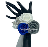 02RT - Real Touch Foam Roses Brooch Bouquet White Royal Blue