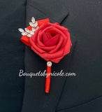 Dark Red ~ Customized Boutonniere l Lapel Pin l Real Touch Roses l Prom l Men's Formal l BOUT- 011