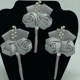 Silver Mens Formal wear Boutonniere, Lapel Leaf Pin, Satin Rose Lapel Pin l Groom Boutonniere l Wedding BOUT- 921