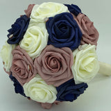 Navy Mauve Ivory Satin Roses Budget Brooch Bouquet or DIY KIT BM-011