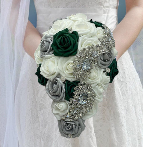 Emerald Green l White Cascade Bouquet l Waterfall bouquet l  Real Touch Roses Brooch Bouquet CB-002