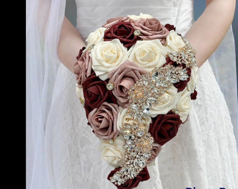 Burgundy Mauve Cascade Bouquet l Waterfall bouquet l  Real Touch Roses Brooch Bouquet CB-011