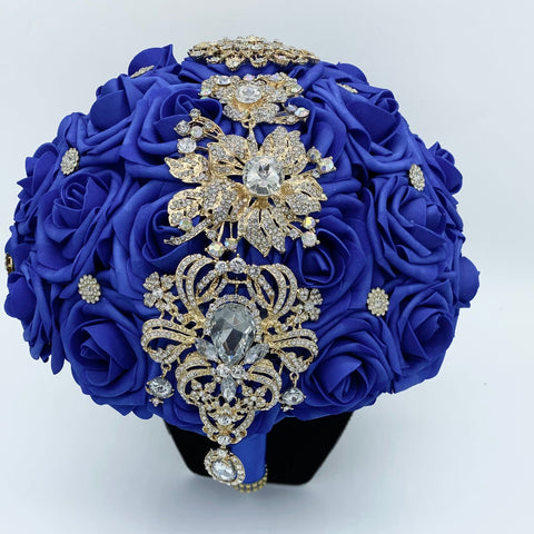 Royal Blue Round Bouquet l  Real Touch Roses Brooch Bouquet~ BOU-005