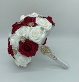 Dark Red White Round Bouquet l Real Touch Roses Brooch Bouquet~ BOU-020