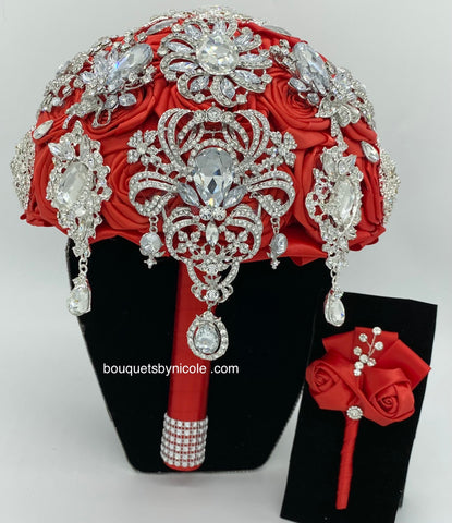 Red Round Bouquet l  Satin Roses Brooch Bouquet~ BOU-027