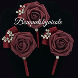 Burgundy Mauve Round Bouquet l Waterfall bouquet l  Real Touch Roses Brooch Bouquet BOU-031