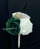 Emerald Green ~ Customized Boutonniere l Lapel Pin l Wrist Corsage l Real Touch Roses l Prom l Formal BOUT-042