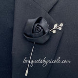 BLACK Mens Formal wear Boutonniere, Lapel Leaf Pin, Satin Rose Lapel Pin l Groom Boutonniere l Wedding BOUT- 026