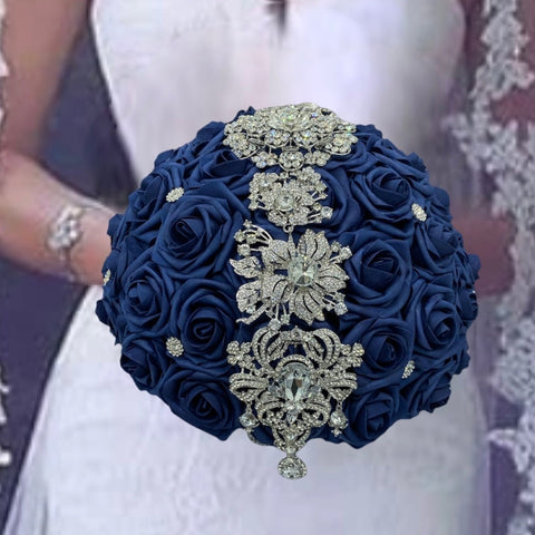 NAVY Blue Round Bouquet l Real Touch Roses Brooch Bouquet~ BLUEY DIY Kit