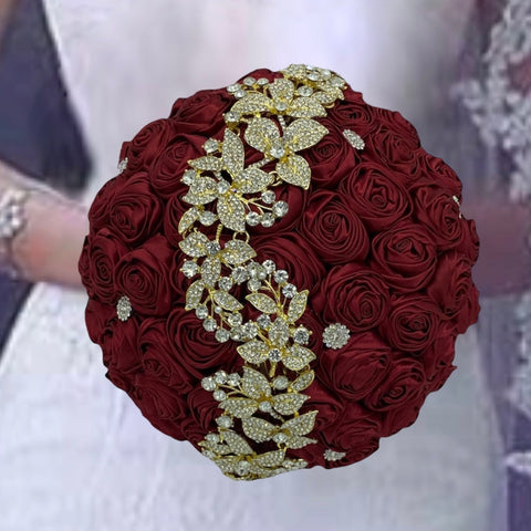 Burgundy  Round Bouquet l  Satin Roses Brooch Bouquet~ BOU-023