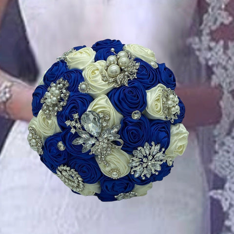 Royal Blue l White Round Bouquet l  Satin Roses Brooch Bouquet~ BOU-006