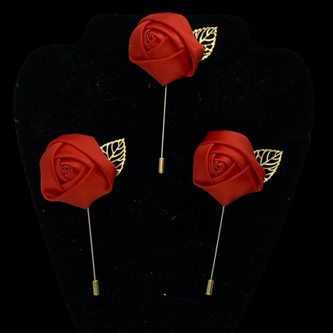 RED Mens Formal wear Boutonniere, Lapel Leaf Pin, Satin Rose Lapel Pin l Groom Boutonniere l Wedding BOUT- 032