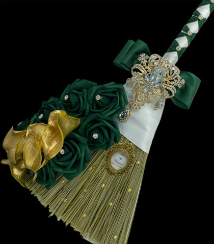 Customized Wedding Jumping broom l Emerald Green l Gold Roses l Traditional Wedding Broom l Heirloom African American Heritage