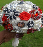 Red Luxury Round Bouquet l  Satin Roses Brooch Bouquet~ BOU-025