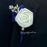 Navy White ~ Customized Boutonniere l Lapel Pin l Real Touch Roses l Prom l Men's Formal l BOUT- 018