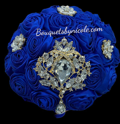 Royal Blue Bouquet l Satin Roses Brooch Bouquet BOU-907