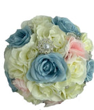 Baby Blue Ivory Round Bouquet l Real Touch Roses Brooch Bouquet~ BOU-200