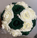 Cascade Emerald green & Ivory Real touch Roses l Brooch Bridal Bouquet RT009