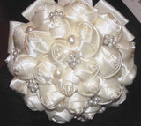 White Silver Round Bouquet l  Satin Roses Brooch Bouquet~ BOU-003