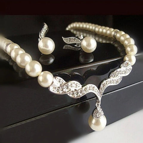 3pcs SILVER~GOLD Jewelry Set l Rhinestone l Pearls Earrings l Necklace l Bracelet l Prom l Wedding JS-902