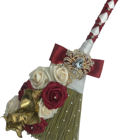 Customized Wedding Jumping broom l Dark Red l White Traditional Wedding Broom l Heirloom African American Heritage