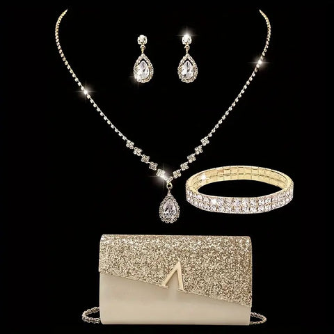 5pcs SILVER GOLDJewelry Set l Rhinestone Earrings l Necklace l Bracelet l Prom l Purse Wedding JS-953