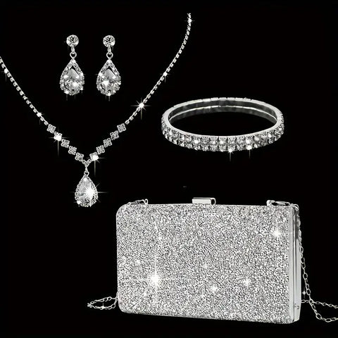 5pcs SILVER GOLDJewelry Set l Rhinestone Earrings l Necklace l Bracelet l Prom l Purse Wedding JS-952