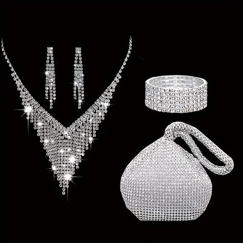5pcs SILVER GOLDJewelry Set l Rhinestone Earrings l Necklace l Bracelet l Prom l Purse Wedding JS-921s (Copy)