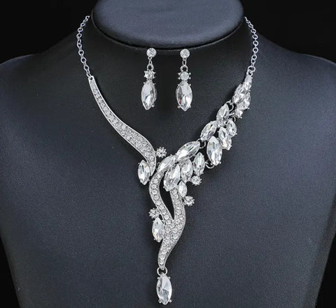 3pcs Jewelry Set l Silver Rhinestone Earrings l Necklace l Bracelet l Prom l Wedding JS-903